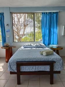 a bedroom with a bed and a window with blue curtains at Casa Agua Bacalar / Naajil Ha in Bacalar