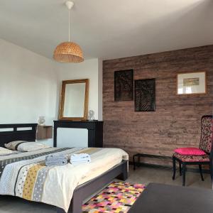 1 dormitorio con 2 camas, espejo y silla en Le Relais du Fraysse - Chambres d'hôtes, en Le Fraysse