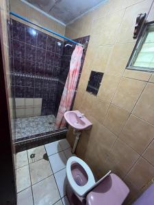 Coxen Hole的住宿－Hotel Gusto Bueno，一间带粉红色卫生间和盥洗盆的浴室