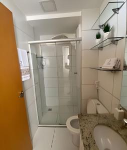 a small bathroom with a shower and a toilet at Ap c/Garagem, Elevador, Cozinha Completa, Lava e Seca, Jr Catito in Brasilia