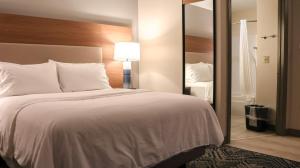 um quarto com uma grande cama branca e um espelho em Candlewood Suites - Peoria at Grand Prairie, an IHG Hotel em Peoria