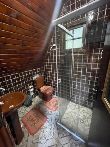 La salle de bains est pourvue d'une douche et de toilettes. dans l'établissement Estância das Nascentes Chalé 1, à Salesópolis