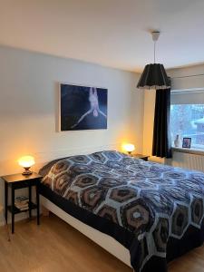 een slaapkamer met een bed en een foto aan de muur bij Great apartment in Akureyri in Akureyri