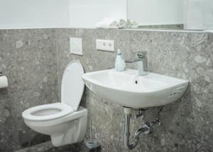 a bathroom with a toilet and a sink at Hotel Central Vis a Vis in Mainz