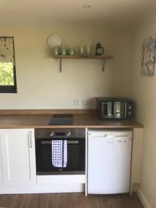 a kitchen with a counter and a stove and a refrigerator at Secluded Log Cabin in beautiful private gardens 