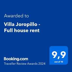 Certifikát, ocenenie alebo iný dokument vystavený v ubytovaní Villa Joropillo - Full house rent