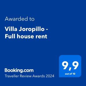 Palkinto, sertifikaatti, kyltti tai muu asiakirja, joka on esillä majoituspaikassa Villa Joropillo - Full house rent