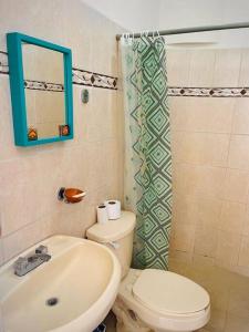 uma casa de banho com um WC, um lavatório e um espelho. em Casa Matilda San Cristobal em San Cristóbal de Las Casas