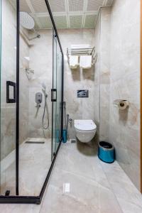 a bathroom with a shower and a toilet at Dem Premium Hotel - Round Trip Airport Service - Istanbul International Airport in Arnavutköy