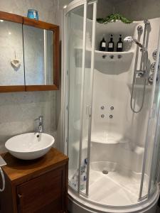 a bathroom with a shower and a sink at Craigbreck Farm Cottage in North Kessock