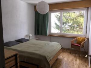 Un dormitorio con una cama grande y una ventana en Casa Splendusa - sonnige Wohnung in Brigels en Brigels