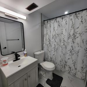 a bathroom with a toilet and a sink and a mirror at Bright 2 Bedroom Basement Apartment in Angus in Angus +37 photos