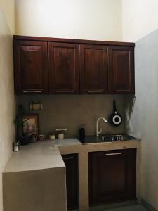 a kitchen with wooden cabinets and a sink at Transit cabin in Seeduwa