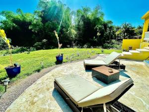 a patio with couches and chairs in a yard at Casa De Sol Family Home Near Rincon & Beach in Aguada