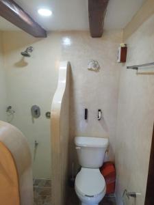 y baño pequeño con aseo y ducha. en Hotelito Crismi en Holbox Island