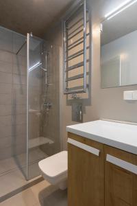 a bathroom with a toilet and a shower and a sink at Chełmońskiego 8-03 by Farkas Apartments in Poznań