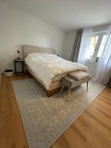 - une chambre avec un lit, un tapis et une fenêtre dans l'établissement Exclusive Unterkunft in 15min bis Hallenstadion - Zürich City - Flughafen ZH, à Rümlang