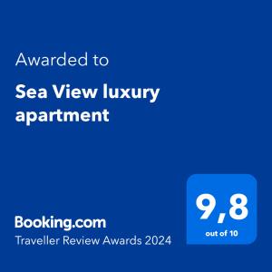 a screenshot of a screen with the text awarded to sea view luxury appointment at Sea View luxury apartment in Volos