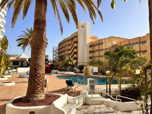 un resort con una palma e una piscina di Sunsets Sur Ponderosa a Playa Fañabe