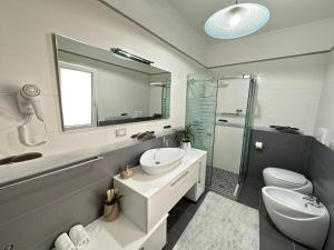 La salle de bains est pourvue d'un lavabo, de toilettes et d'un miroir. dans l'établissement Alma's Home, à Vlorë