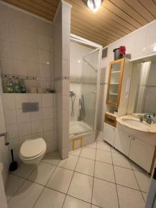 ein Bad mit einem WC, einer Dusche und einem Waschbecken in der Unterkunft MonteurHaus Am Airport in Bremen