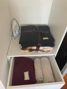 2 Regale eines Schrankes mit Handtüchern und einer Schachtel in der Unterkunft HERMOSO DEPARTAMENTO AMUEBLADO EN EL CENTRO DE LP in La Plata