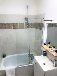 uma casa de banho com um chuveiro, uma banheira e um lavatório. em Le Donatien-Cosy appart proche centre et Erdre em Nantes