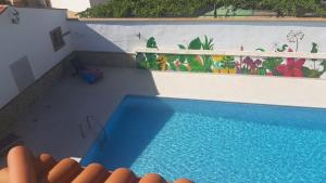 uma vista superior de uma piscina azul com um mural em Villa Joropillo - Full house rent em Bejarín