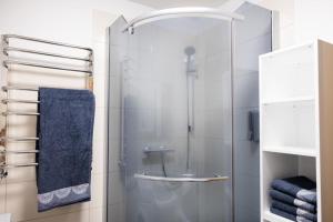 y baño con ducha de cristal y toalla azul. en Dzīvoklis Kastaņas en Lielvārde