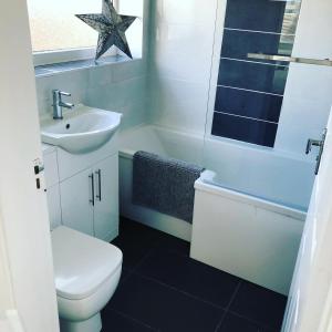 a bathroom with a toilet and a sink and a shower at Bay View Bungalow Benllech, 5 Min Walk from Beach in Benllech