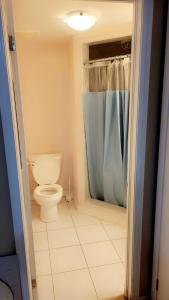 a bathroom with a toilet and a blue shower curtain at Cozy jets empire in Brampton