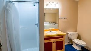 a bathroom with a sink and a toilet and a mirror at Polar Peak Chalet by Fernie Lodging Company in Fernie