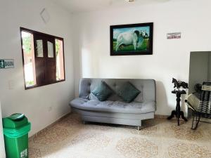 - un salon avec un canapé et une photo d'éléphant dans l'établissement HOSTAL MY HOUSE, à Doradal