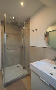 une salle de bain avec douche et lavabo dans l'établissement Ferienwohnung am Okertal, à Goslar