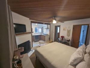 a bedroom with a bed and a fireplace and a television at Three Pines Cabins in Big Bear Lake