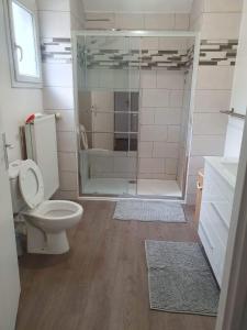 W łazience znajduje się toaleta i przeszklony prysznic. w obiekcie Gîte Bamas w mieście Saint-Dizier