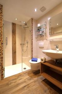Un baño con ducha, inodoro y lavabo. en Gästehaus Hillebrand, en Bischofswiesen 28 fotos más
