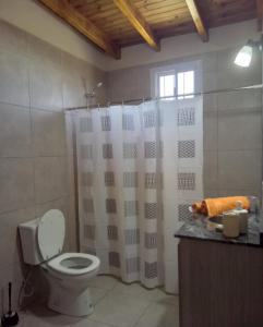 een badkamer met een toilet en een douchegordijn bij La venecia in Guaymallen