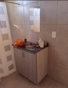 een kleine badkamer met een wastafel en een douche bij La venecia in Guaymallen