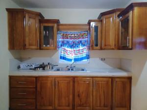 a kitchen with wooden cabinets and a sink and a window at 1 bdrm1 1 bath in Old Harbour