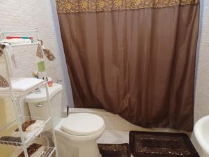 y baño con cortina de ducha y aseo. en 1 bdrm1 1 bath, en Old Harbour