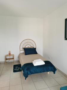 een slaapkamer met een bed met blauwe kussens erop bij L'olympe in Albertville