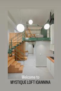 a living room with a staircase in a house at Mystique Loft Ioannina in Ioannina