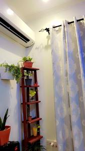 a room with a shelf with plants and a curtain at F&D villas in Dar es Salaam