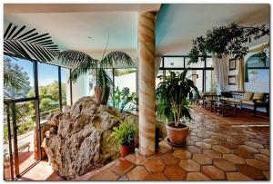 a living room with a large rock and potted plants at Bayview Penthouses and Rooms in Cape Town
