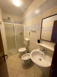 un bagno con lavandino, wc e doccia di Attico panoramico a Pisa