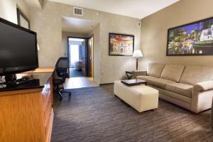 sala de estar con sofá y TV de pantalla plana en Drury Inn & Suites San Antonio North Stone Oak en San Antonio