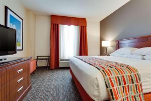 um quarto de hotel com uma cama e uma televisão de ecrã plano em Drury Inn & Suites Greenville em Greenville