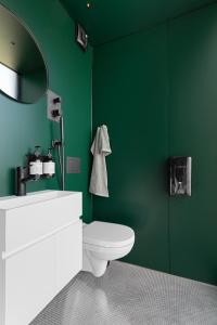 a green bathroom with a toilet and a mirror at Grend Bø 