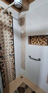 een badkamer met een douche en een glazen deur bij SA Cabaña cómoda y acogedora in San Agustín